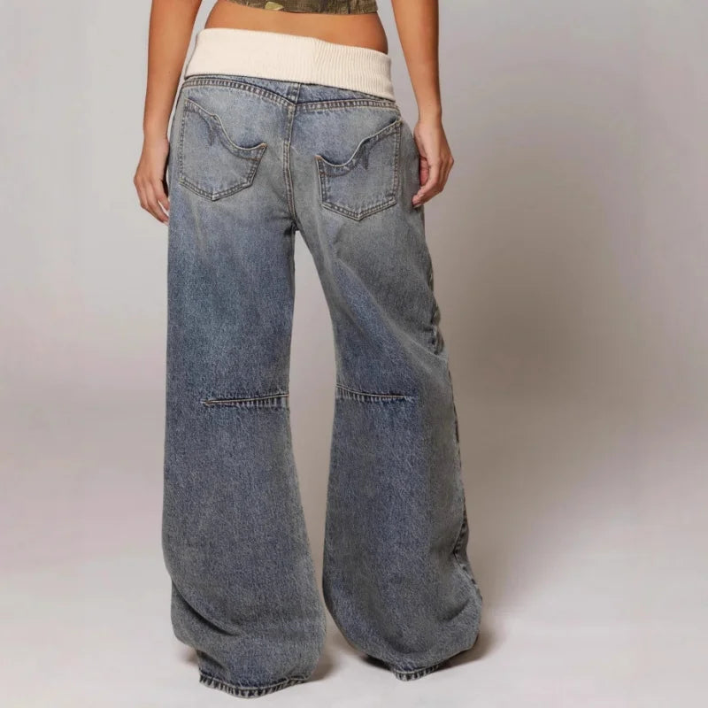 Women's Light Blue Wide-Leg Jeans with Low Rise and Frayed Patches in Light Blue