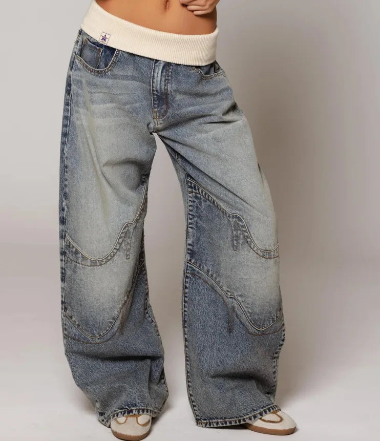 Women's Light Blue Wide-Leg Jeans with Low Rise and Frayed Patches in Light Blue