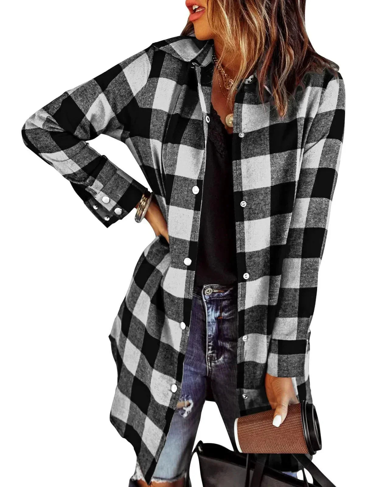 Women's Long Checked Jacket with Hood and Popper Fastening in White