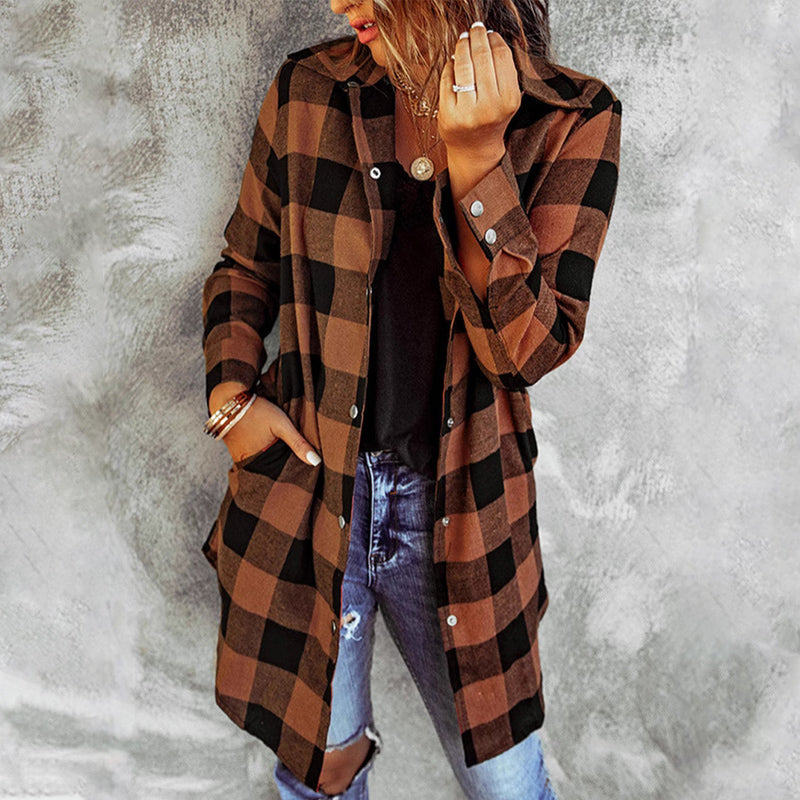 Women's Long Checked Jacket with Hood and Popper Fastening in Brown