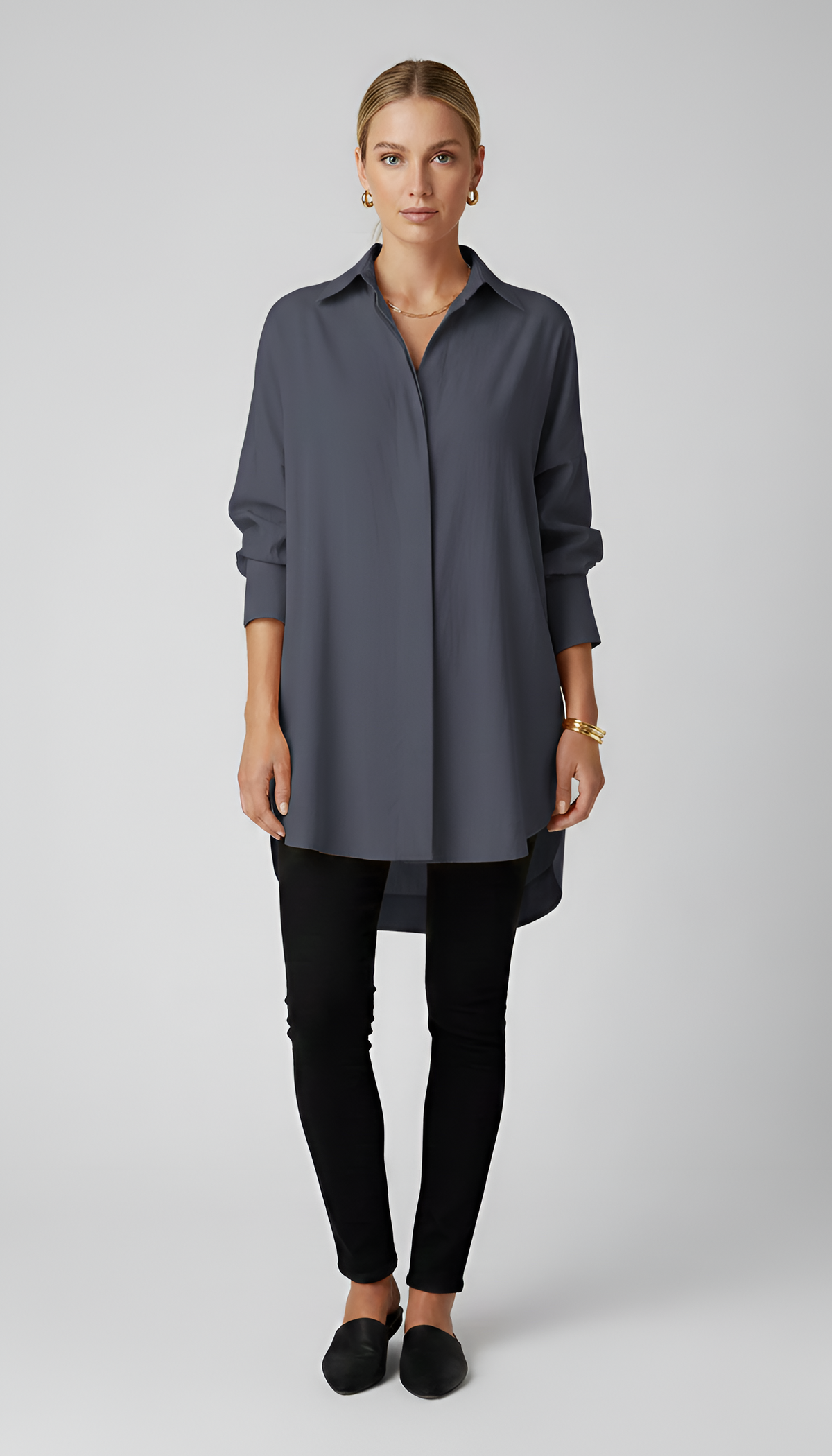 Women's Loose-Fit Shirt with Elongated Rounded Back in Grey