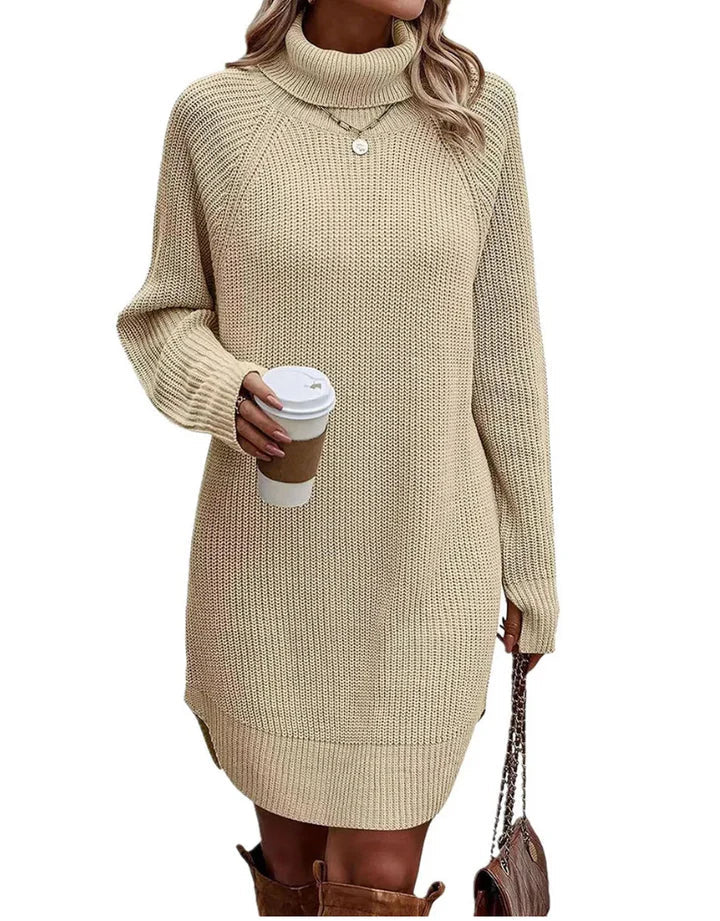 Women's Loose Ribbed Knit Dress with Roll Neck and Long Sleeves in Khaki