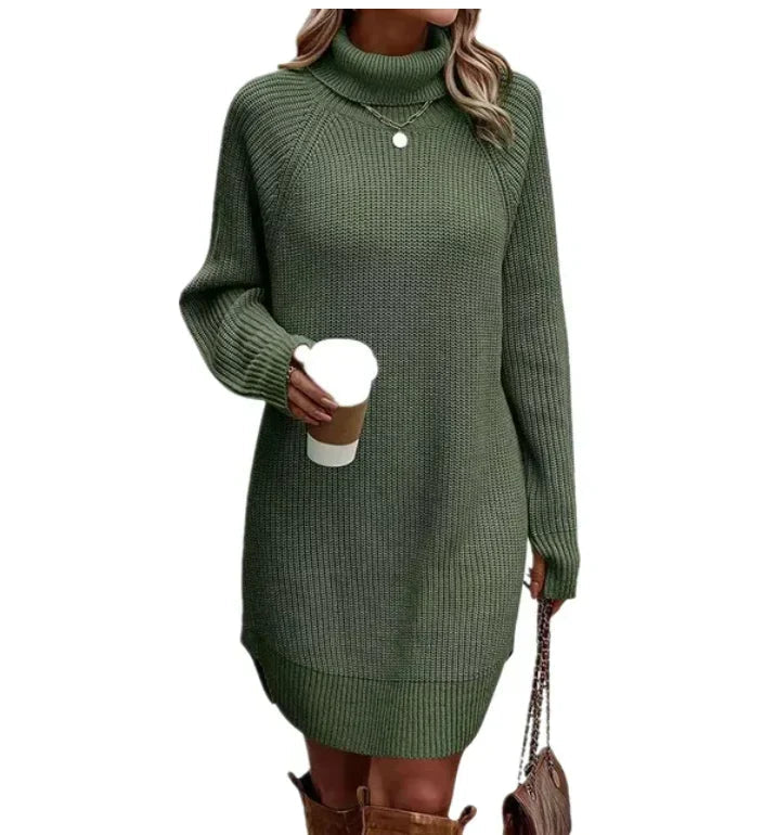 Women's Loose Ribbed Knit Dress with Roll Neck and Long Sleeves in Green