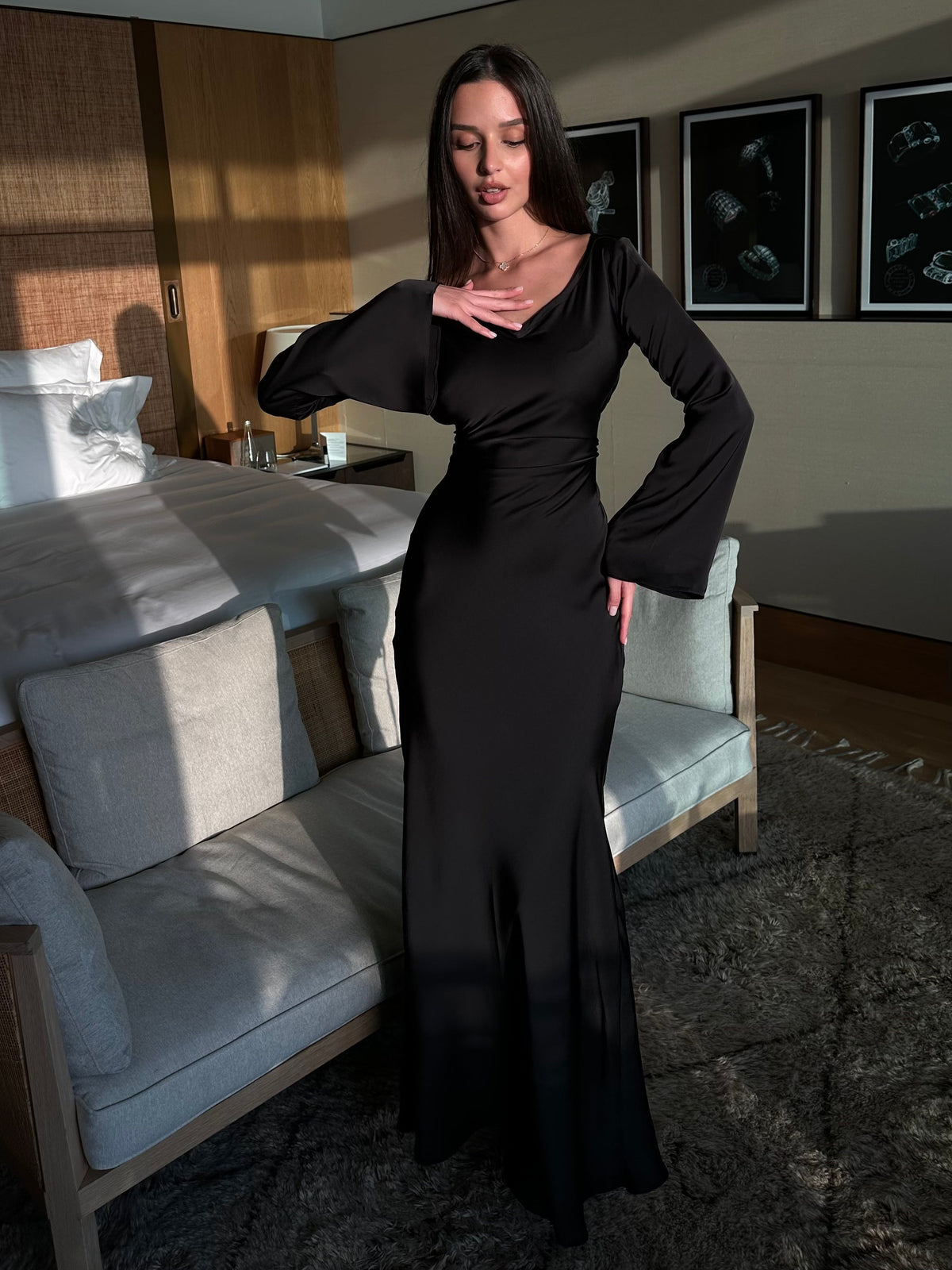 Women's Maxi Dress with Flared Sleeves and Wide Neckline in Black