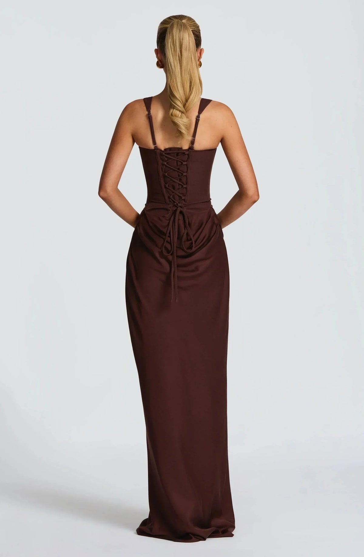 Women's Maxi Dress with Square Neckline and Draped Hips in Brown