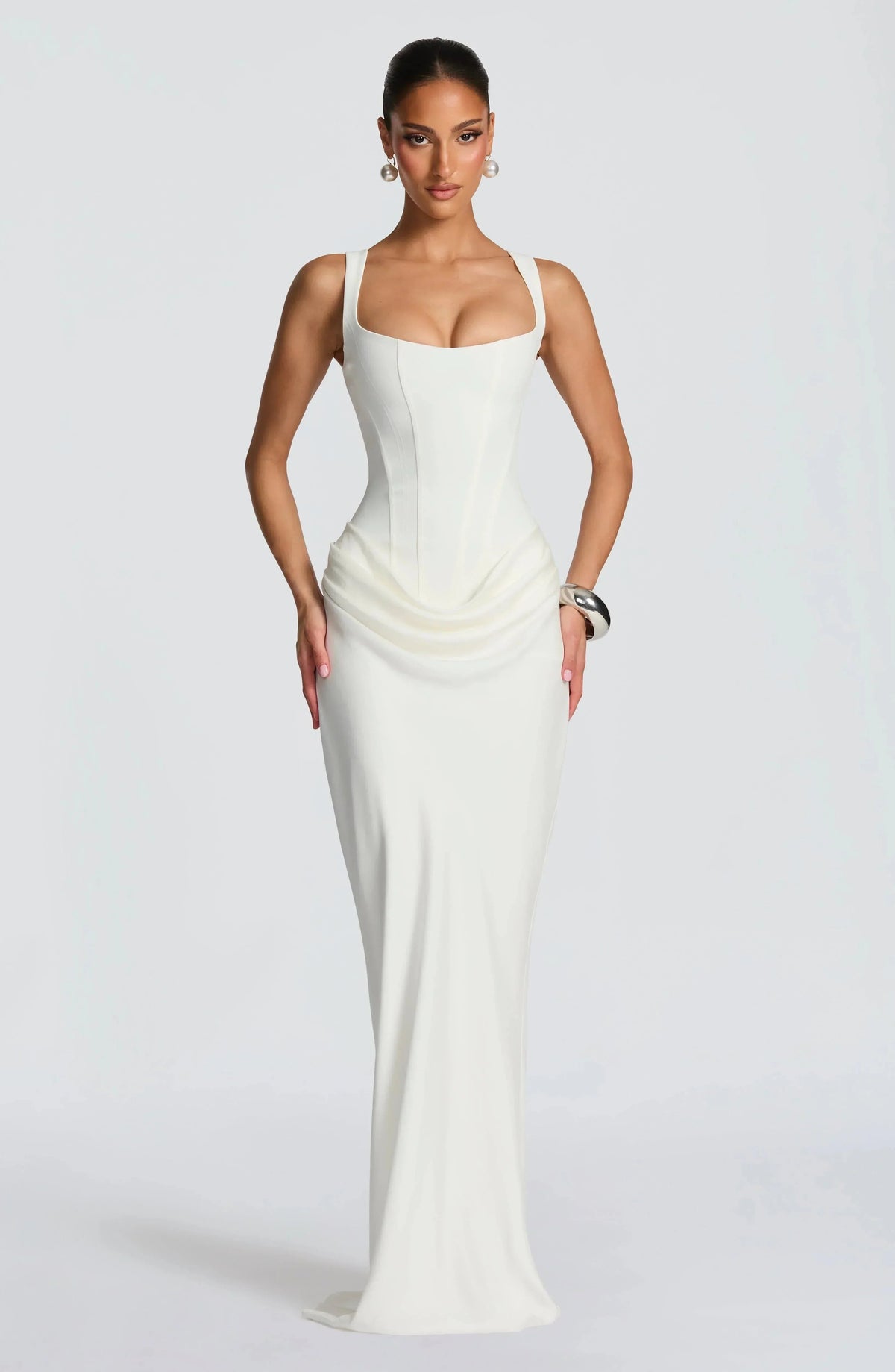 Women's Maxi Dress with Square Neckline and Draped Hips in Black