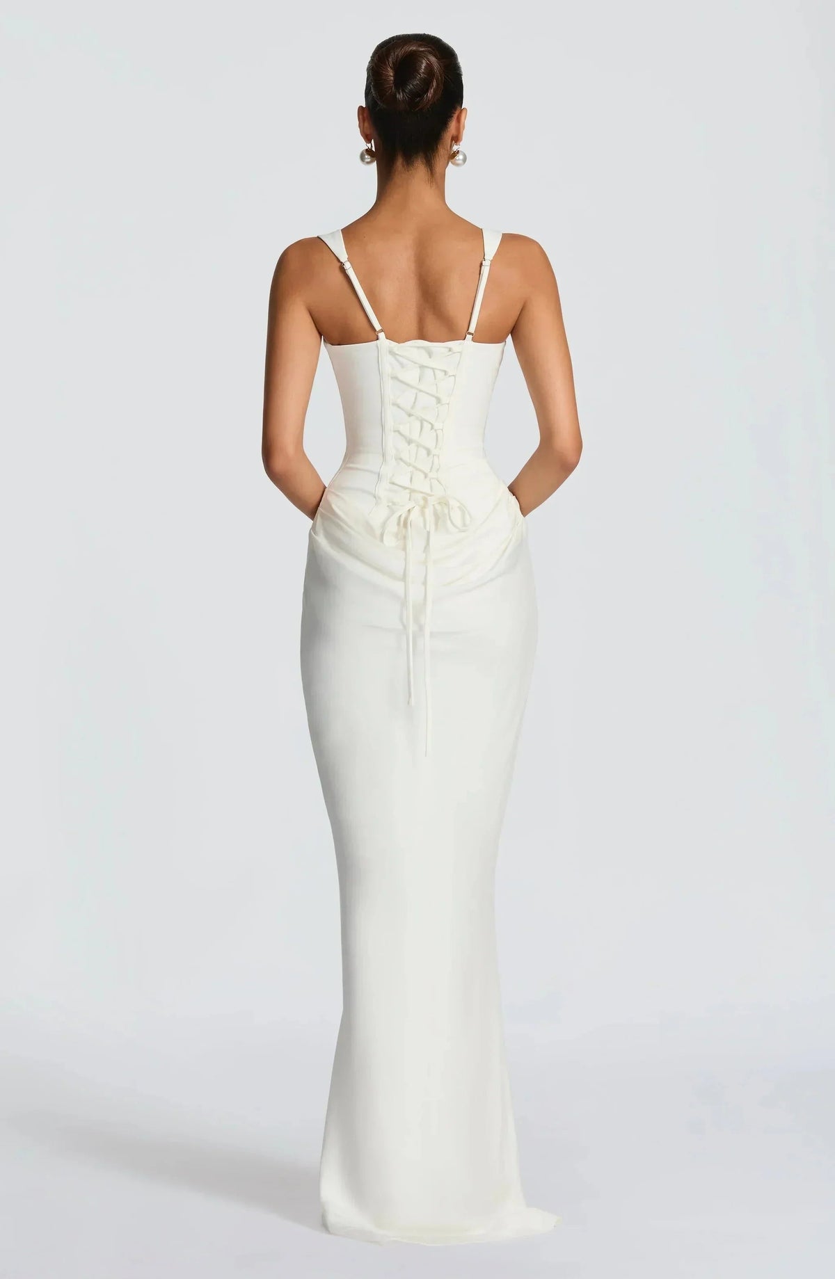 Women's Maxi Dress with Square Neckline and Draped Hips in Black