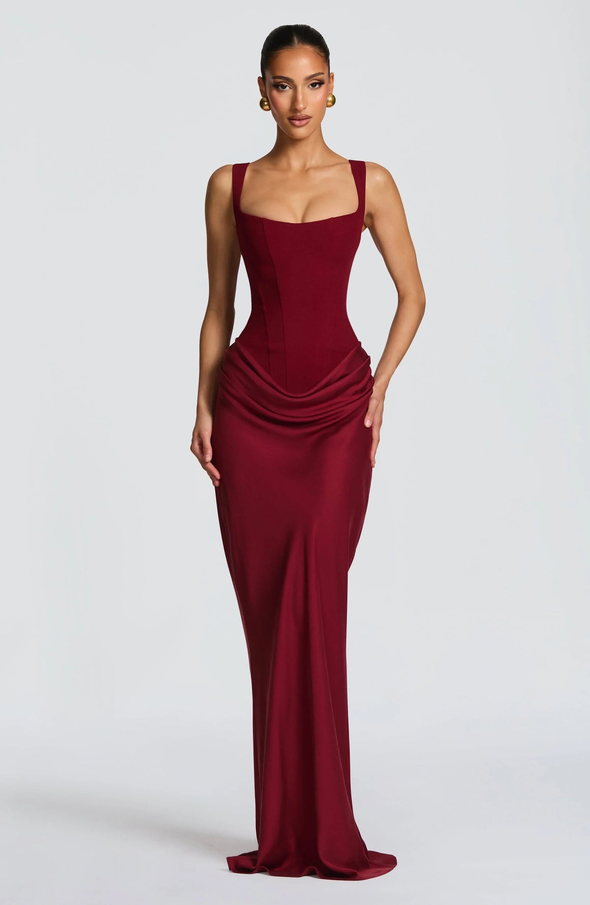 Women's Maxi Dress with Square Neckline and Draped Hips in Burgundy