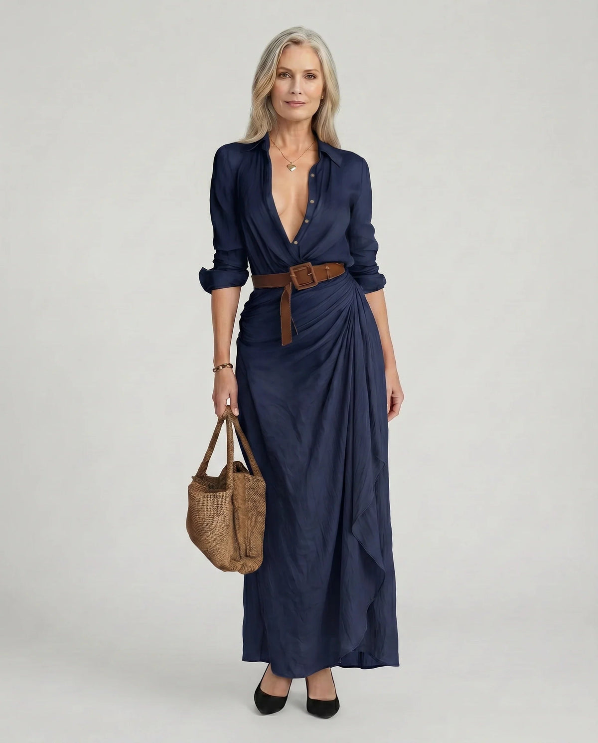 Women's Maxi Shirt Dress with Collar and Draped Skirt in Navy