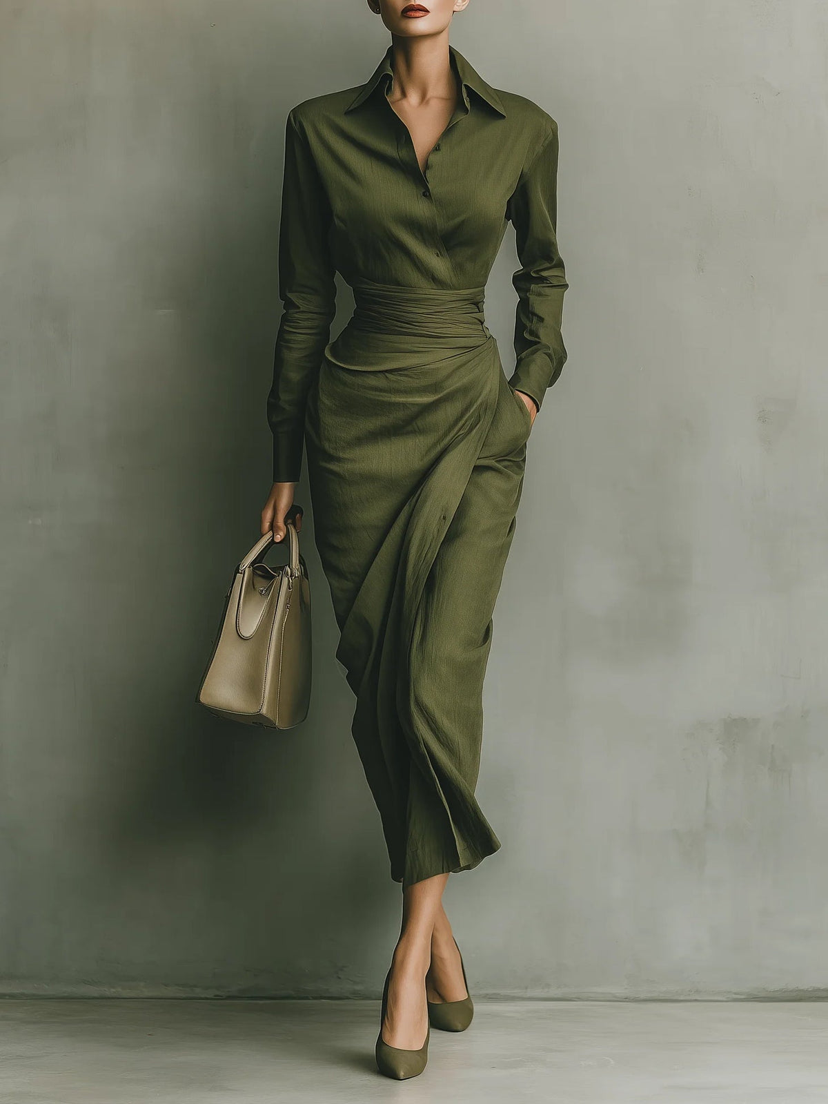 Women's Military Green Shirt Dress with Gathered Waist in Military Green