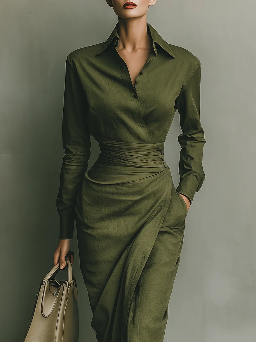 Women's Military Green Shirt Dress with Gathered Waist in Military Green
