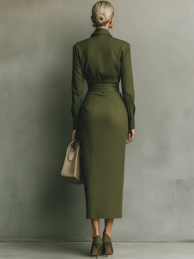 Women's Military Green Shirt Dress with Gathered Waist in Military Green