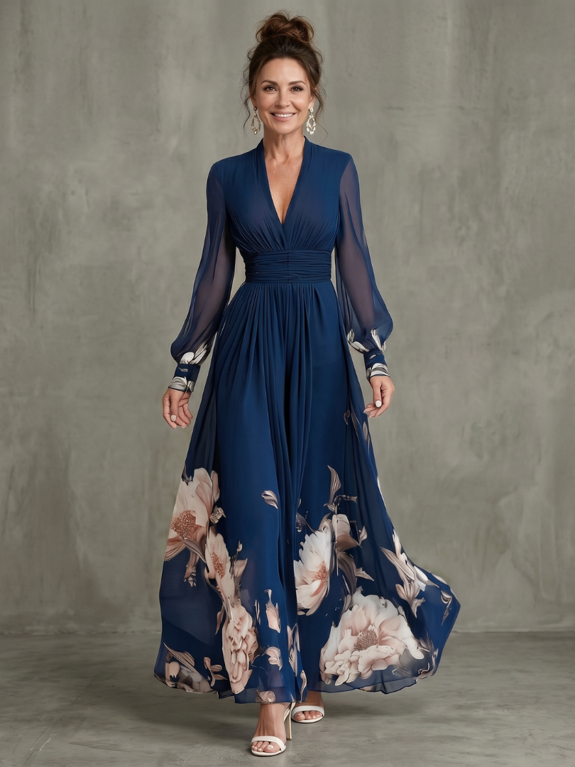 Women's Navy Floral Maxi Dress with V-Neckline in Navy