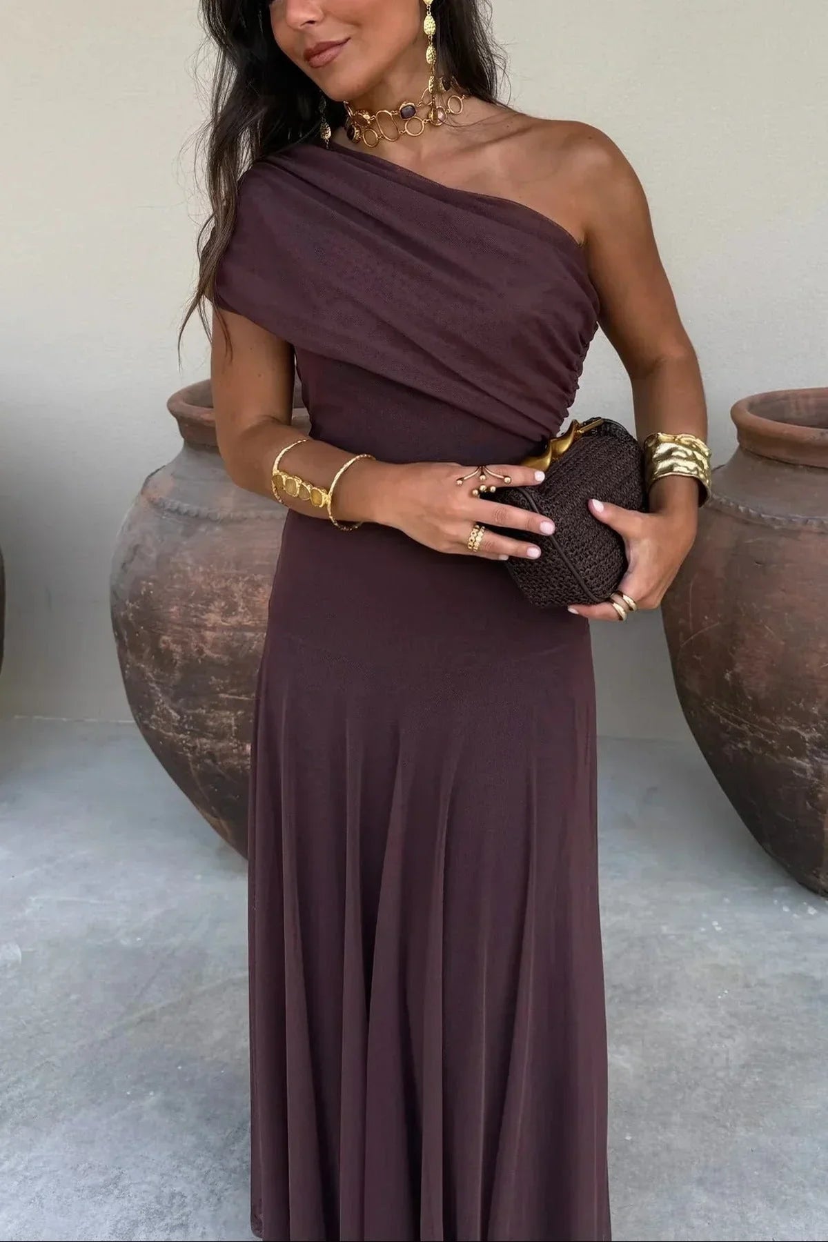 Women's Off-Shoulder Maxi Dress with Ruched Bodice in Brown