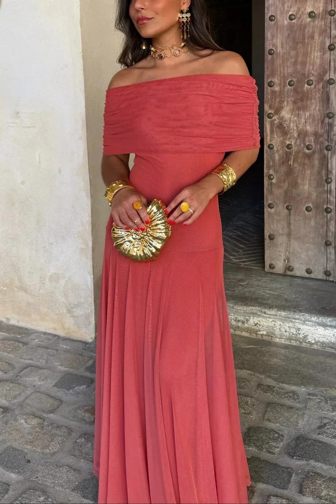 Women's Off-Shoulder Maxi Dress with Ruched Bodice in Red