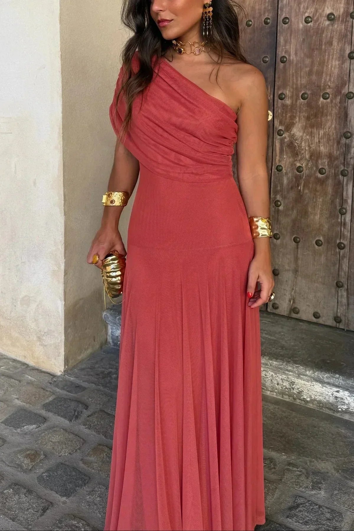 Women's Off-Shoulder Maxi Dress with Ruched Bodice in Red