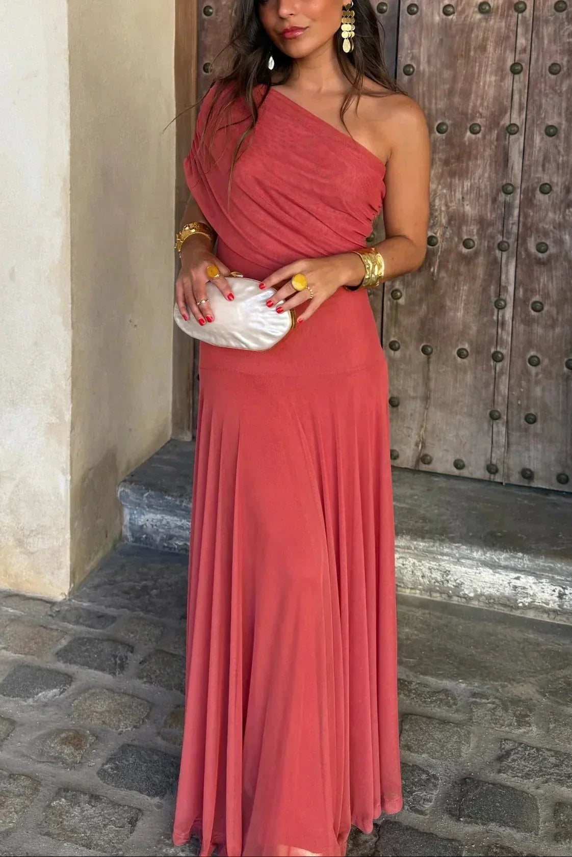 Women's Off-Shoulder Maxi Dress with Ruched Bodice in Red