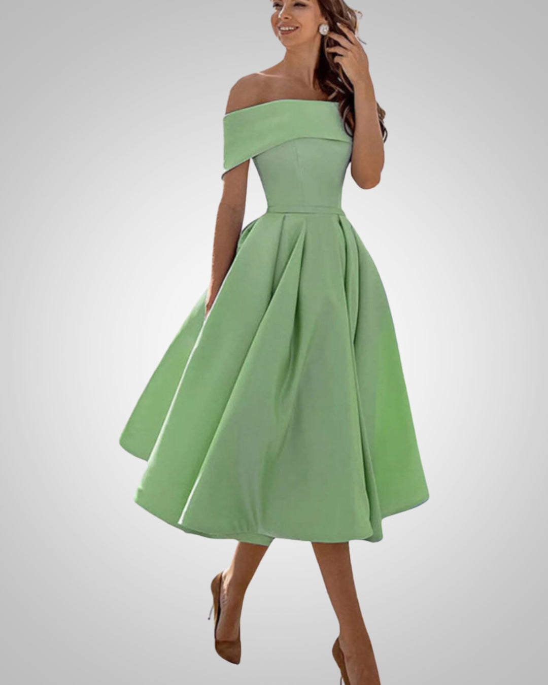 Women's Off-the-Shoulder Midi Dress with Pleated Skirt in Light Green