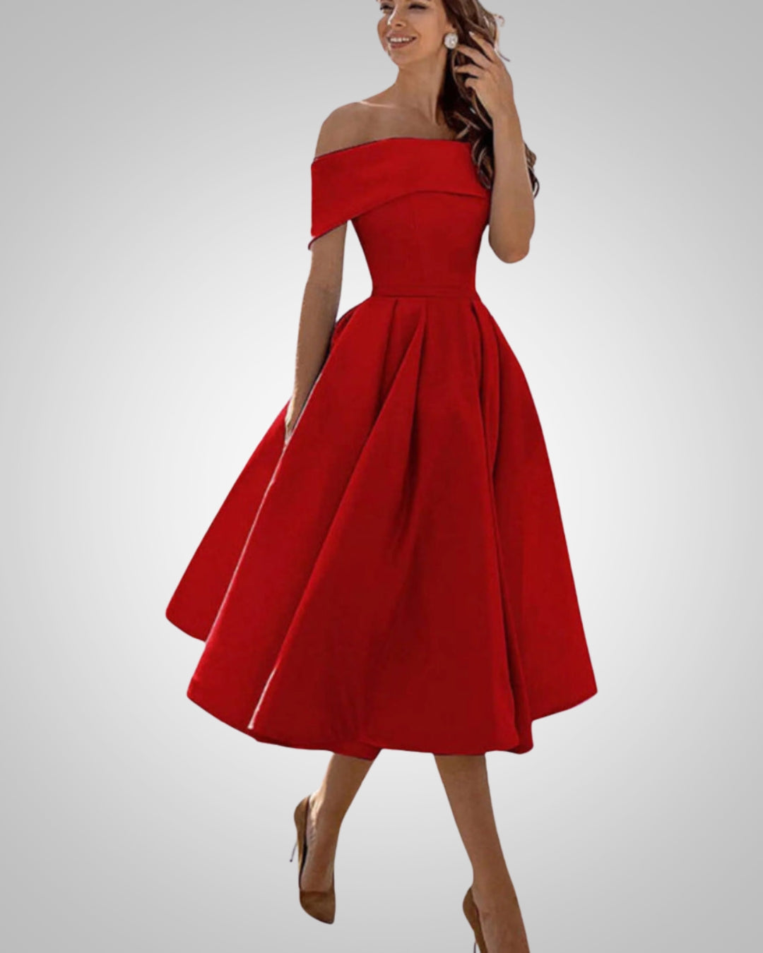 Women's Off-the-Shoulder Midi Dress with Pleated Skirt in Red
