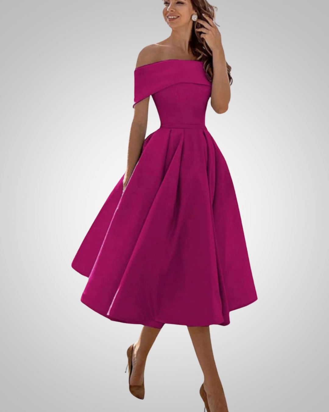 Women's Off-the-Shoulder Midi Dress with Pleated Skirt in Magenta