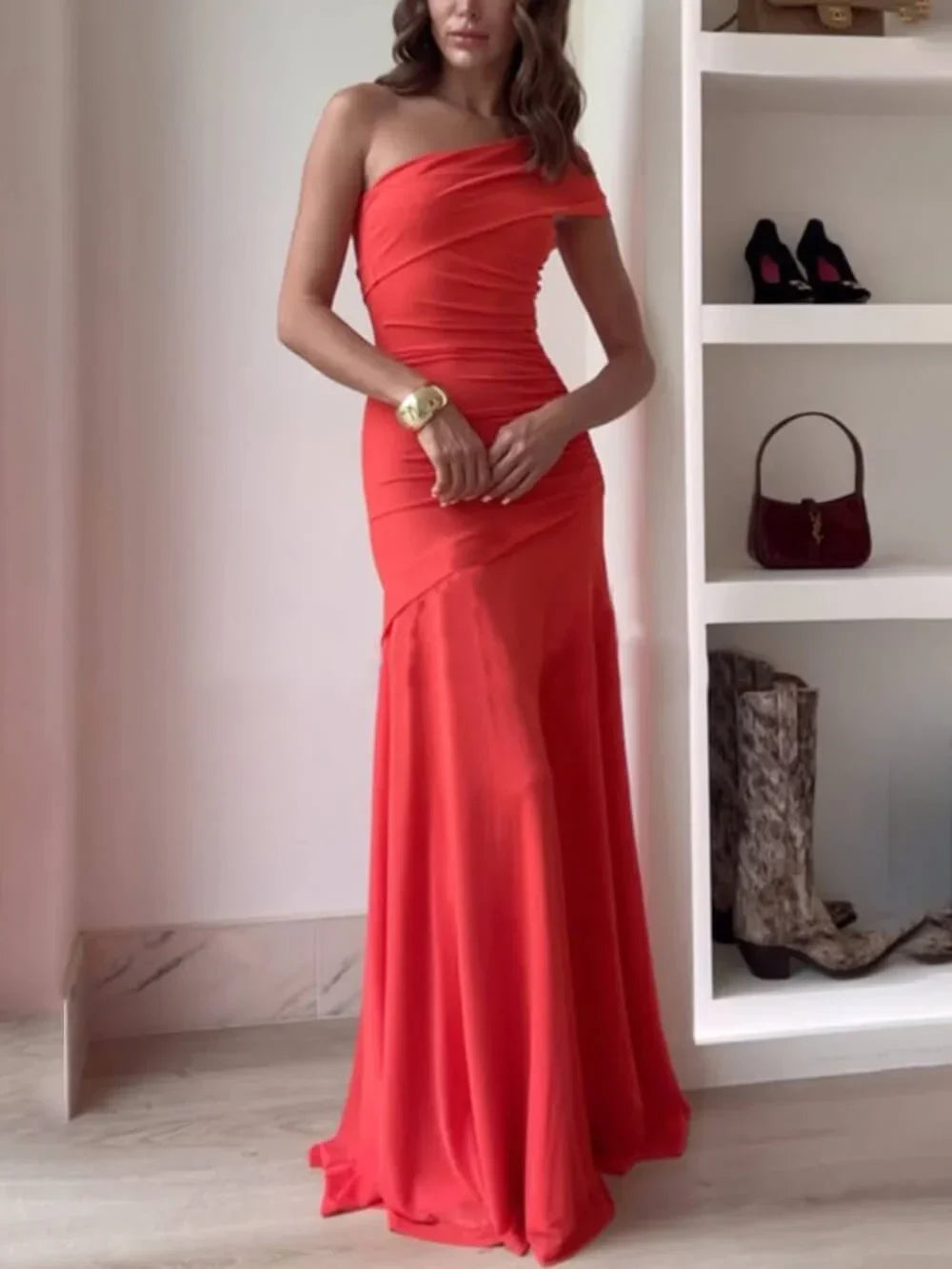 Women's One-Shoulder Maxi Evening Dress with Ruched Bodice in Pink