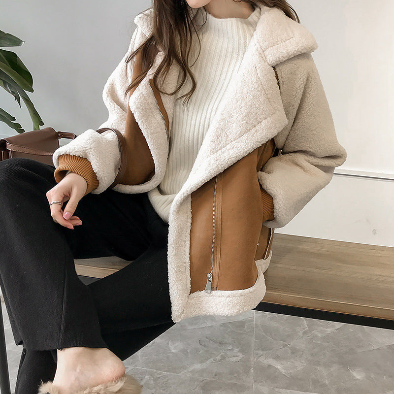 Women's Oversized Jacket with Fluffy Trim and Zip in Brown