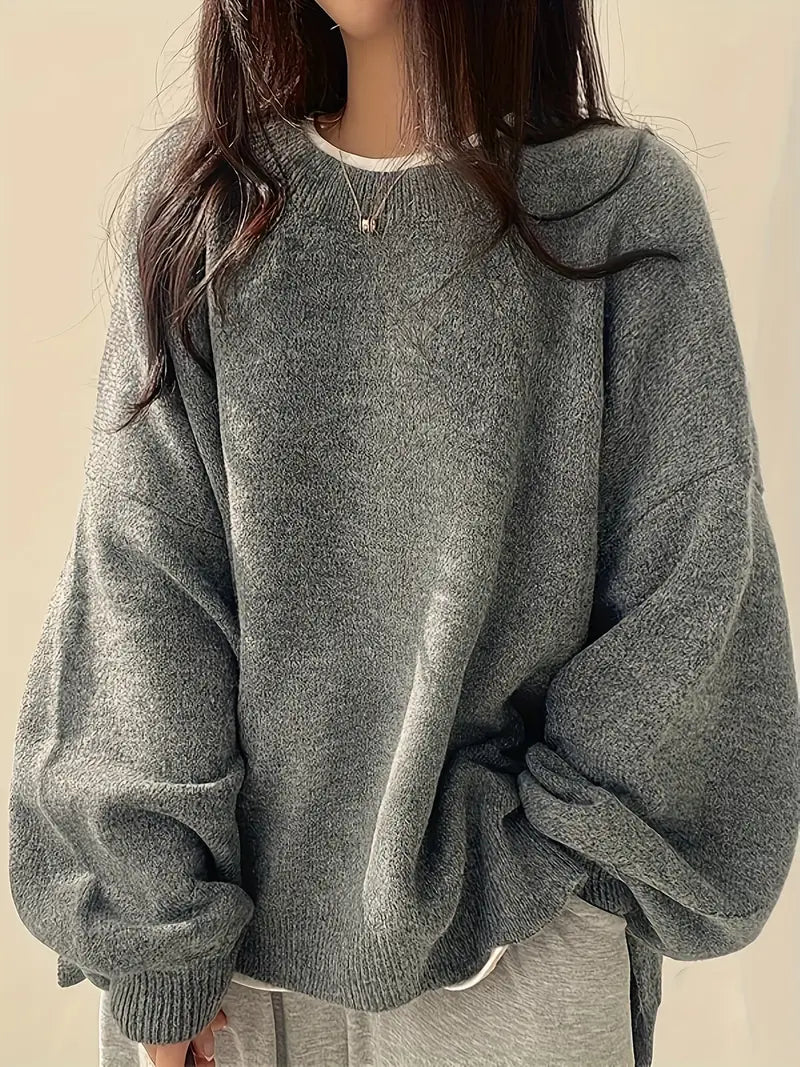 Women's Oversized Jumper with Round Neck and Melange Knit in Grey