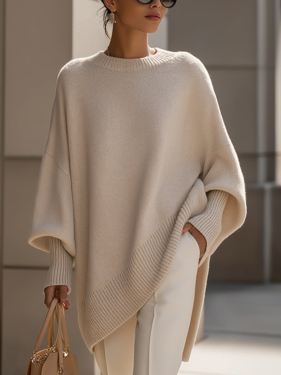 Women's Poncho-Style Top with Round Neck and Asymmetric Hem in Beige