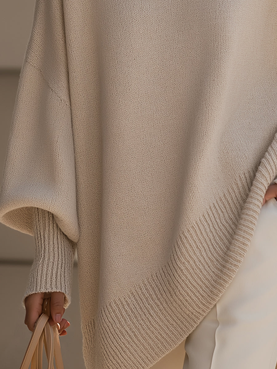 Women's Poncho-Style Top with Round Neck and Asymmetric Hem in Beige