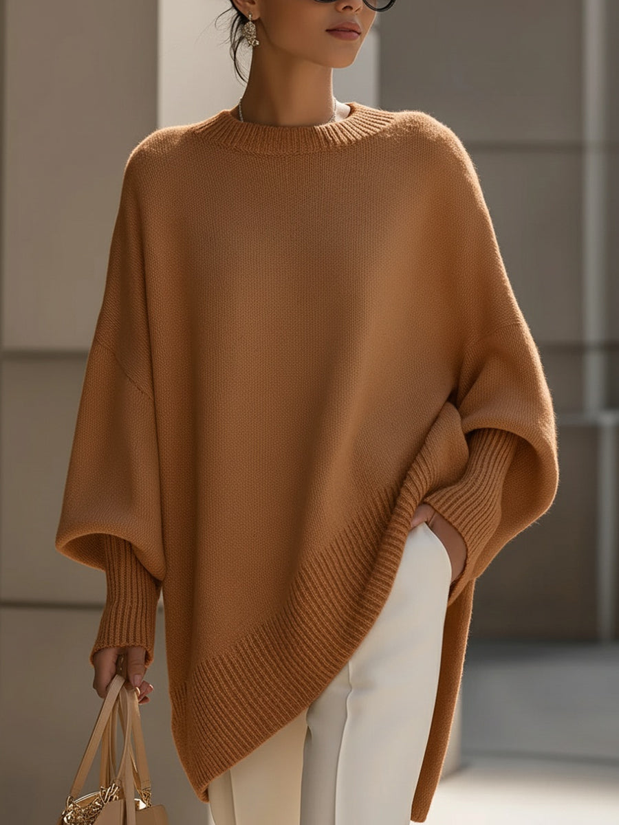 Women's Poncho-Style Top with Round Neck and Asymmetric Hem in Brown