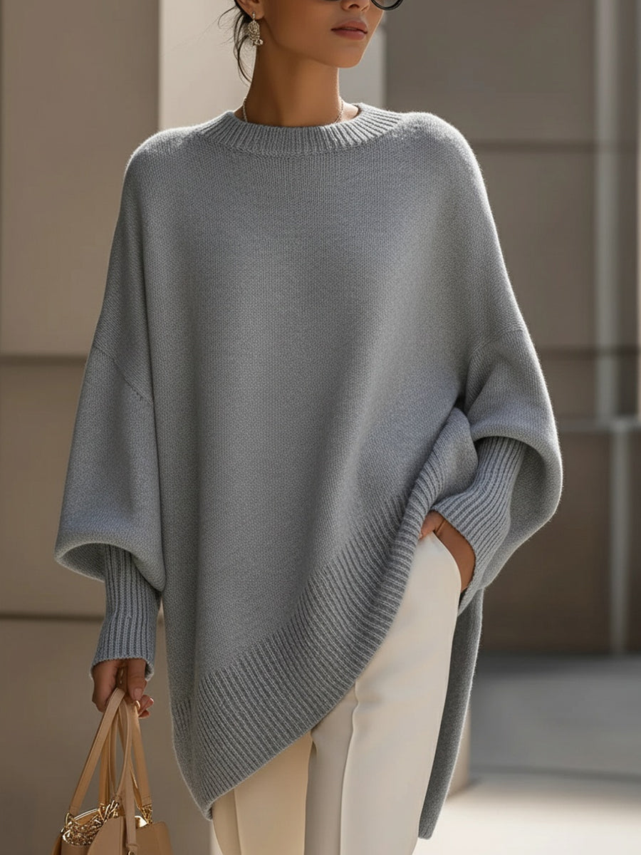 Women's Poncho-Style Top with Round Neck and Asymmetric Hem in Grey