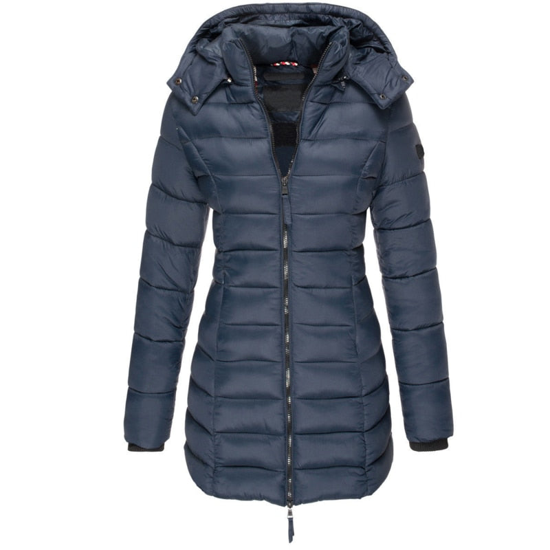 Women's Quilted Hooded Coat with Ribbed Cuffs, Tailored Fit in Navy