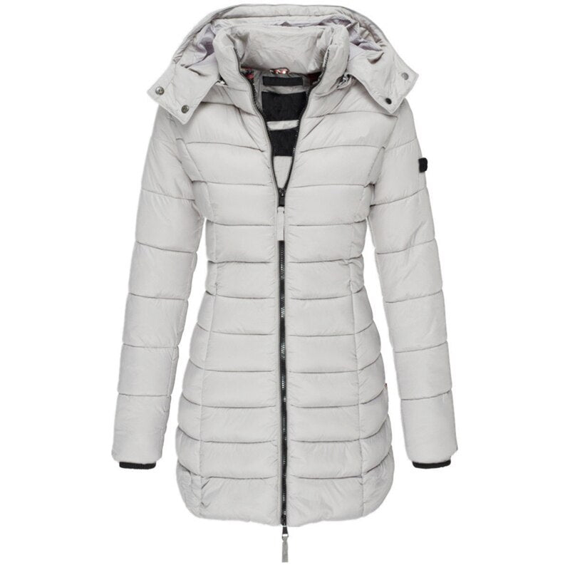 Women's Quilted Hooded Coat with Ribbed Cuffs, Tailored Fit in Grey
