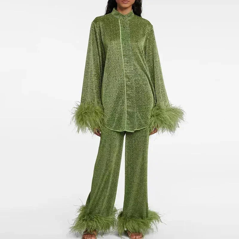 Women's Shimmer Shirt and Trousers Set with Feather Trims in Dark Green