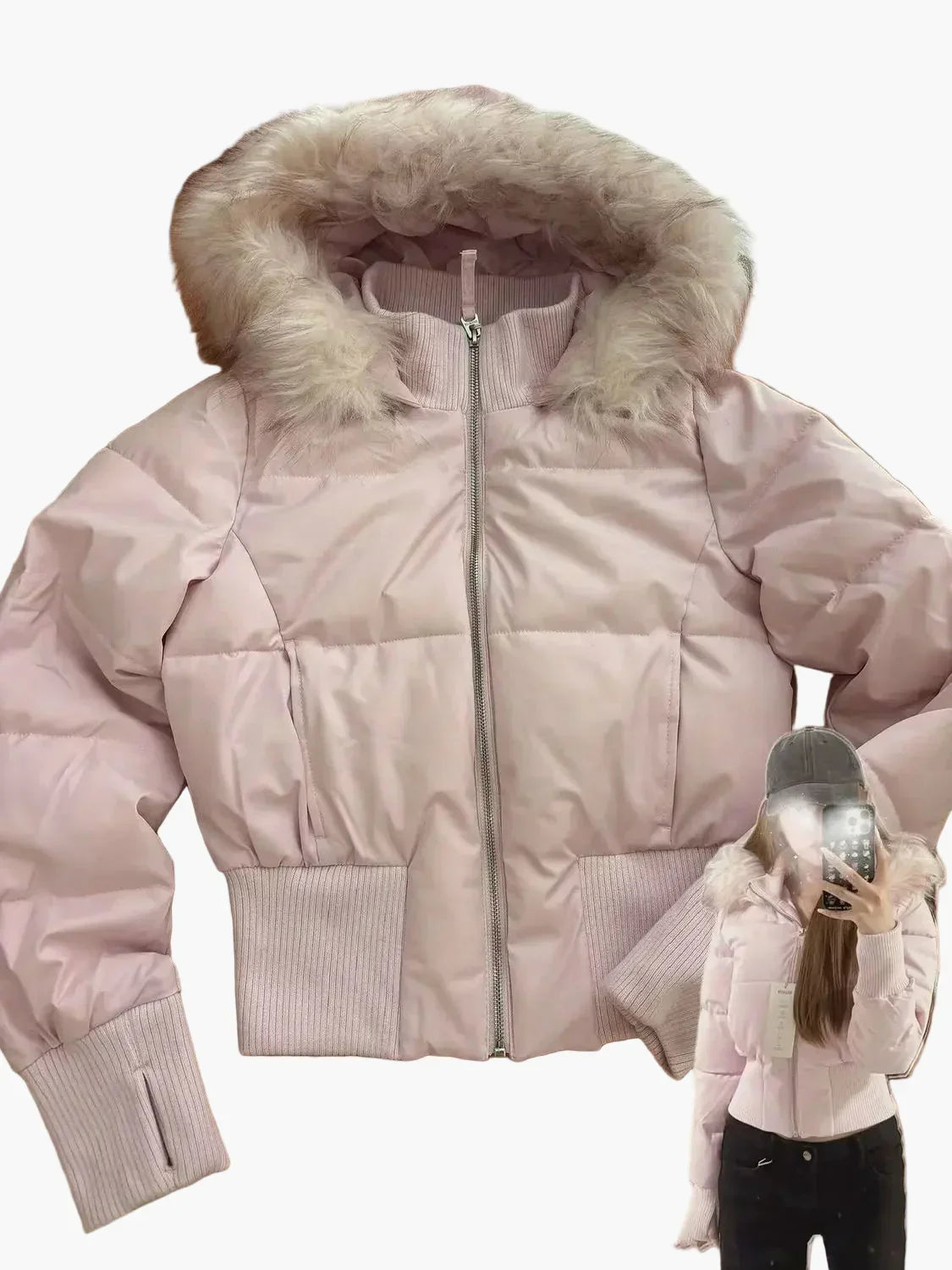 Women's Short Quilted Jacket with Fur-Trimmed Hood in Pink