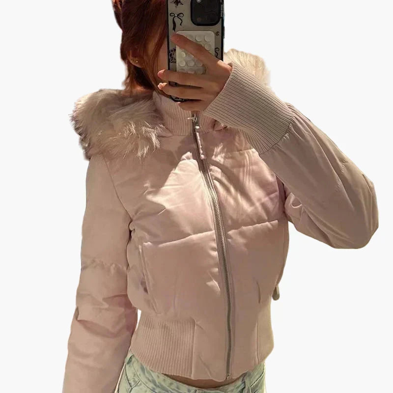 Women's Short Quilted Jacket with Fur-Trimmed Hood in Pink
