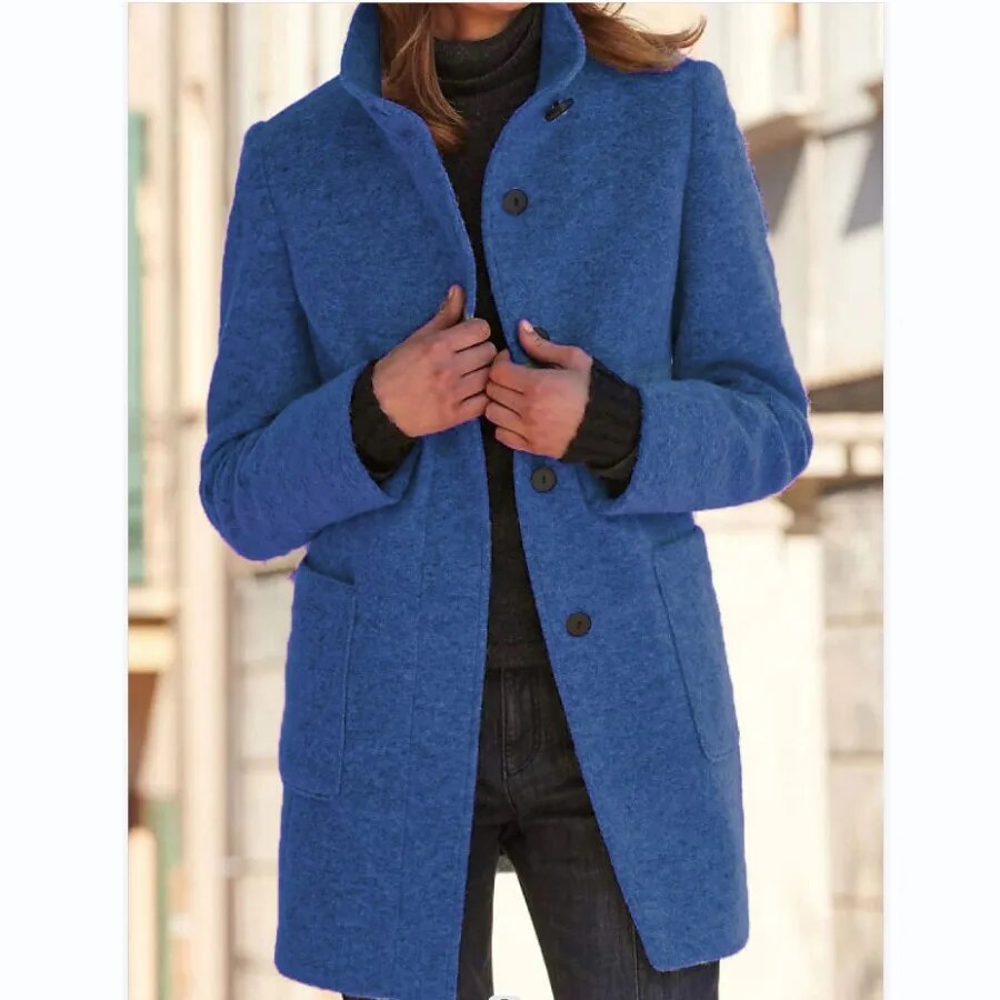 Women's Single-Breasted Coat with Stand Collar and Side Pockets in Navy