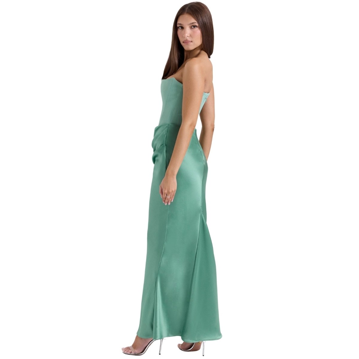 Women's Strapless Maxi Dress with Corset Bodice and Ruching in Sage