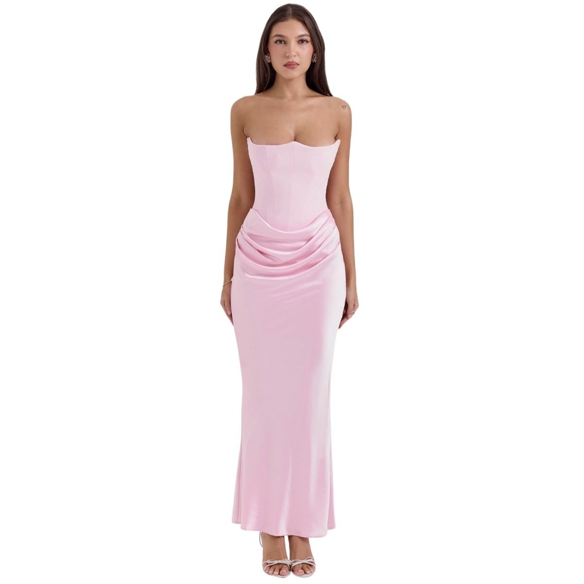Women's Strapless Maxi Dress with Corset Bodice and Ruching in Pink