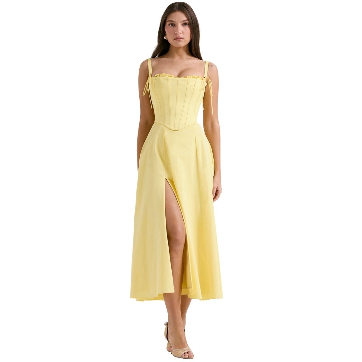 Women's Strapless Midi Dress with Sweetheart Neckline, Full Skirt in Yellow