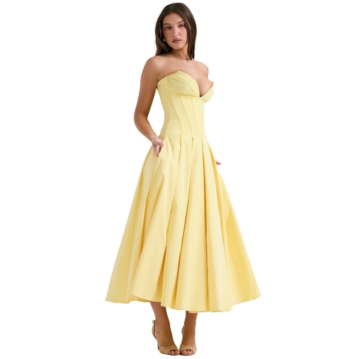 Women's Strapless Midi Dress with Sweetheart Neckline, Full Skirt in Yellow