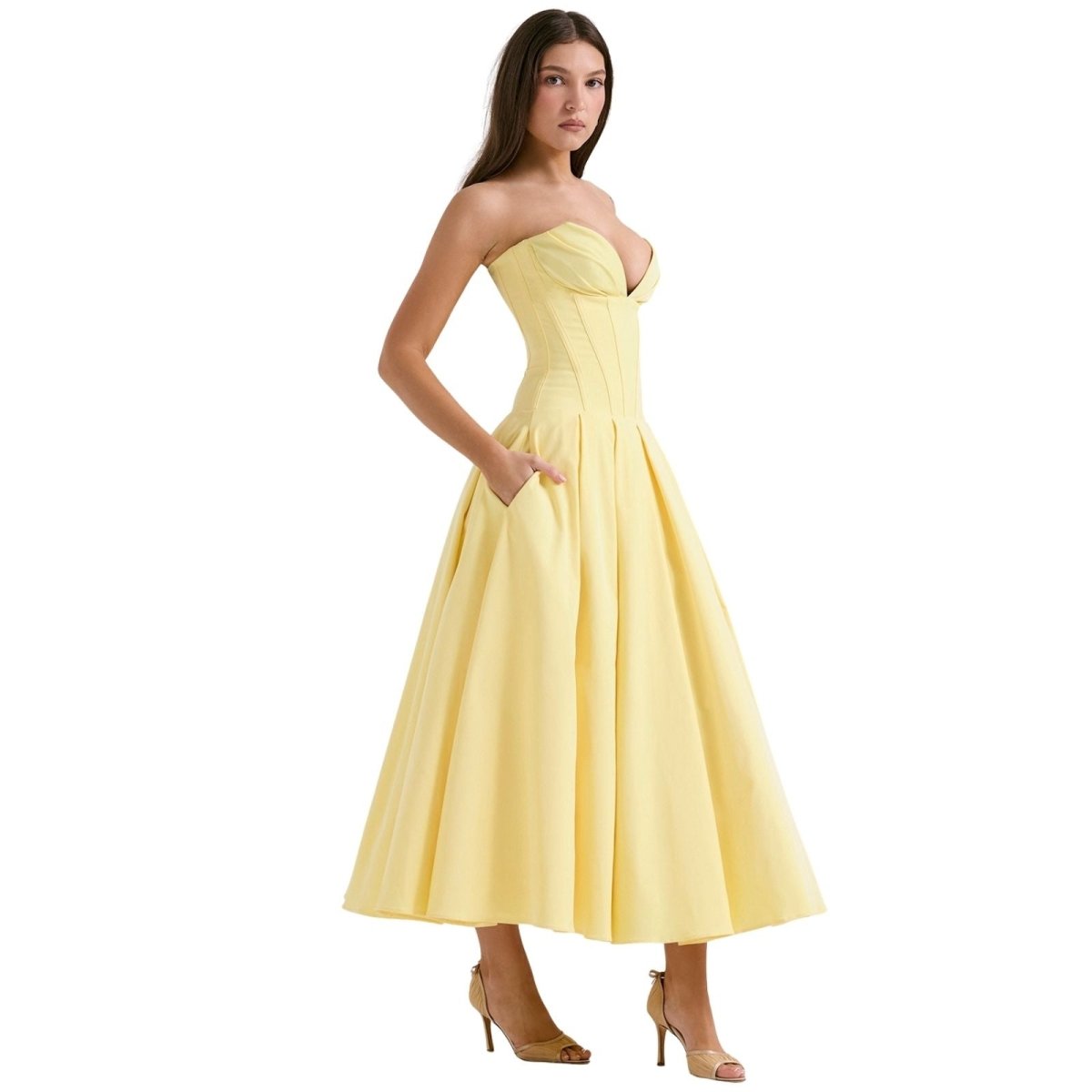 Women's Strapless Midi Dress with Sweetheart Neckline, Full Skirt in Yellow