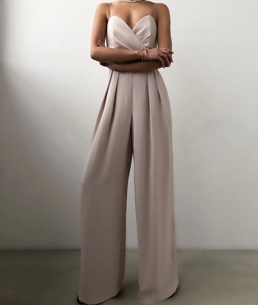 Women's Strappy Jumpsuit with Wrap Bodice and Wide Legs in Apricot