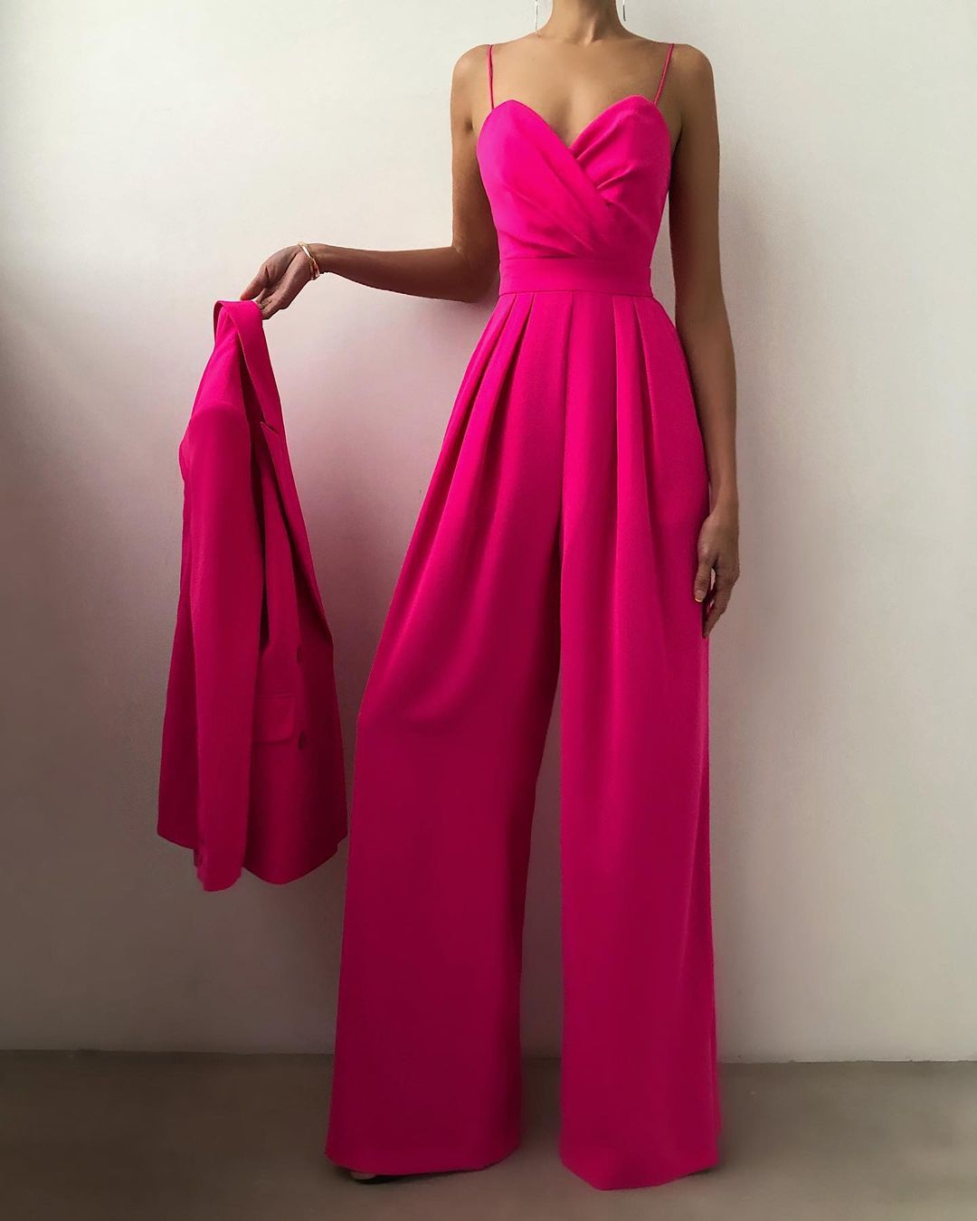 Women's Strappy Jumpsuit with Wrap Bodice and Wide Legs in Pink-Red
