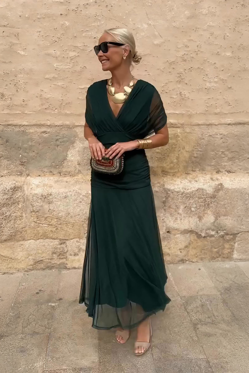 Women's V-Neck Maxi Dress with Wrap Front and Gathered Bodice in Green
