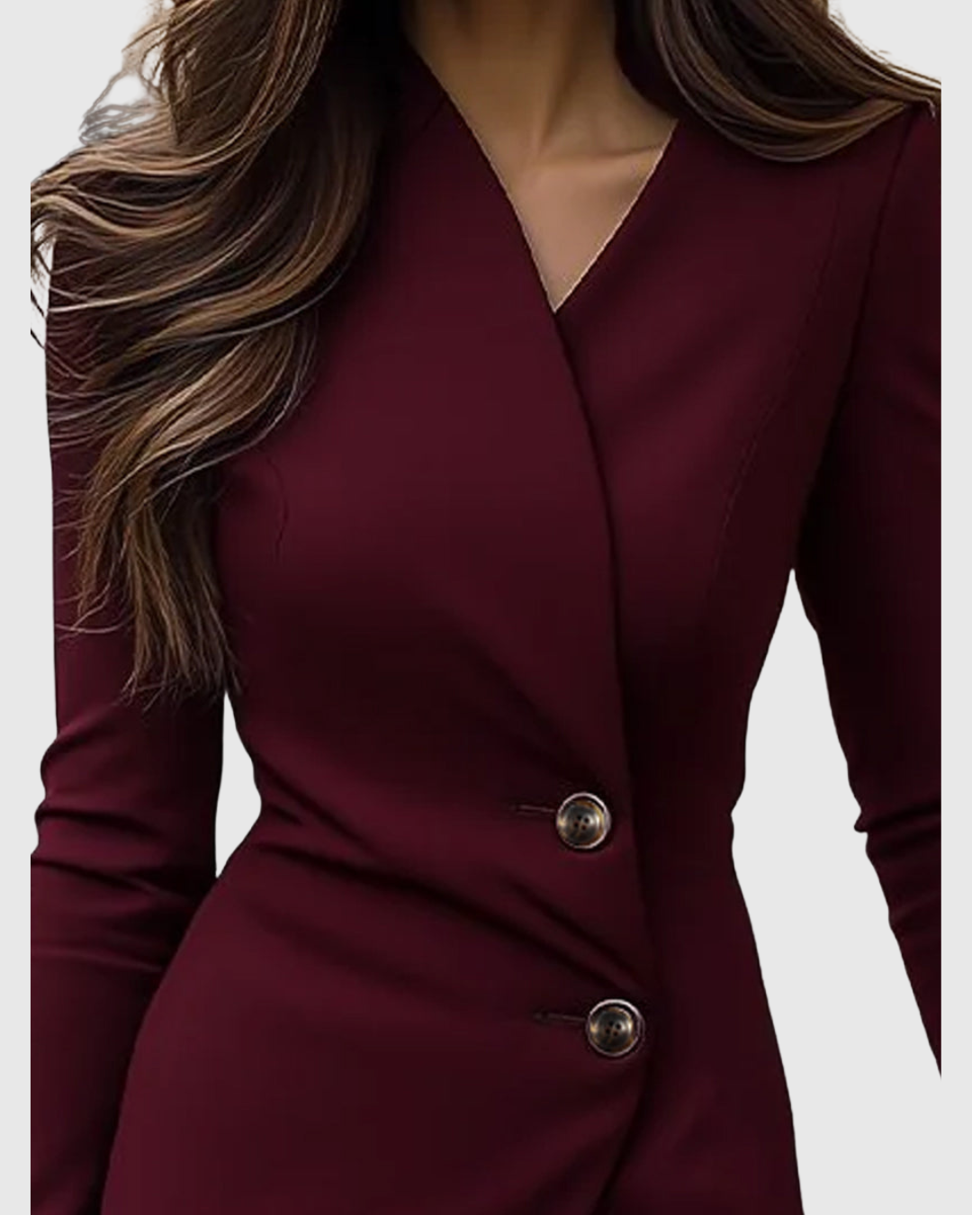 Women's Wrap V-Neck Midi Dress with Waist Buttons in Burgundy