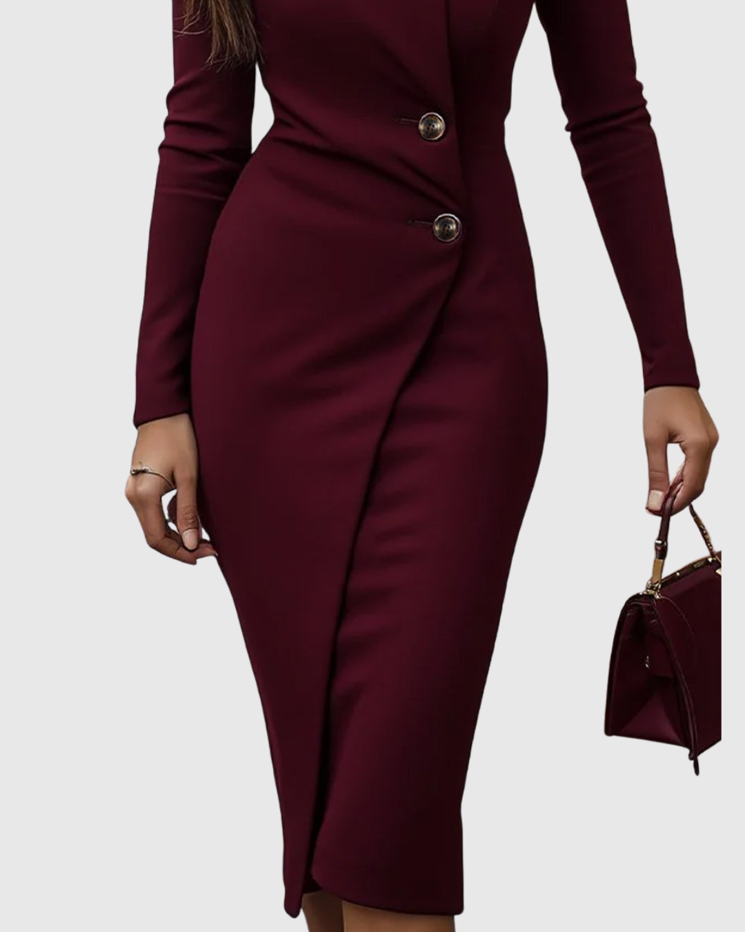 Women's Wrap V-Neck Midi Dress with Waist Buttons in Burgundy