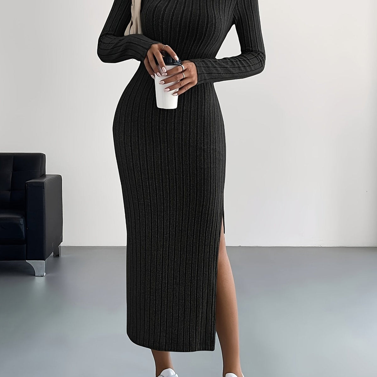 Women's Ribbed Knit Maxi Dress with Round Neck and Side Slit in Black