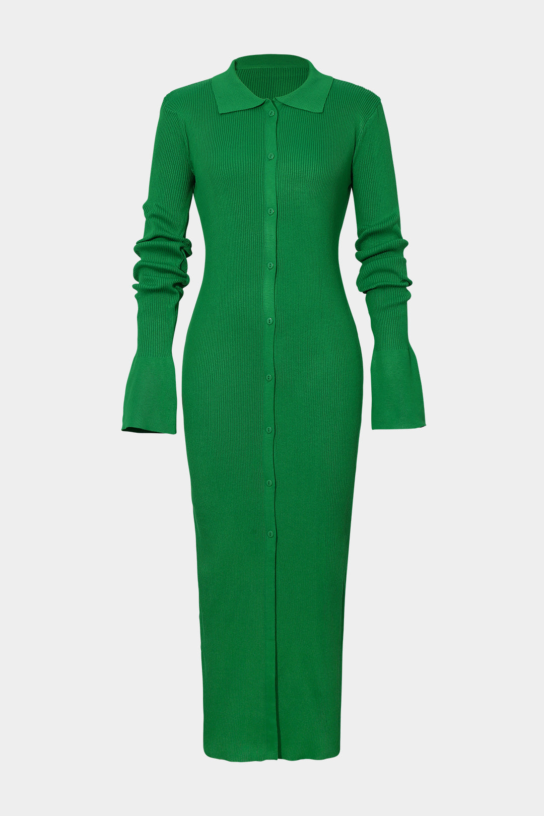 Women's Ribbed Knit Maxi Dress with Polo Collar and Button Front in Forest Green