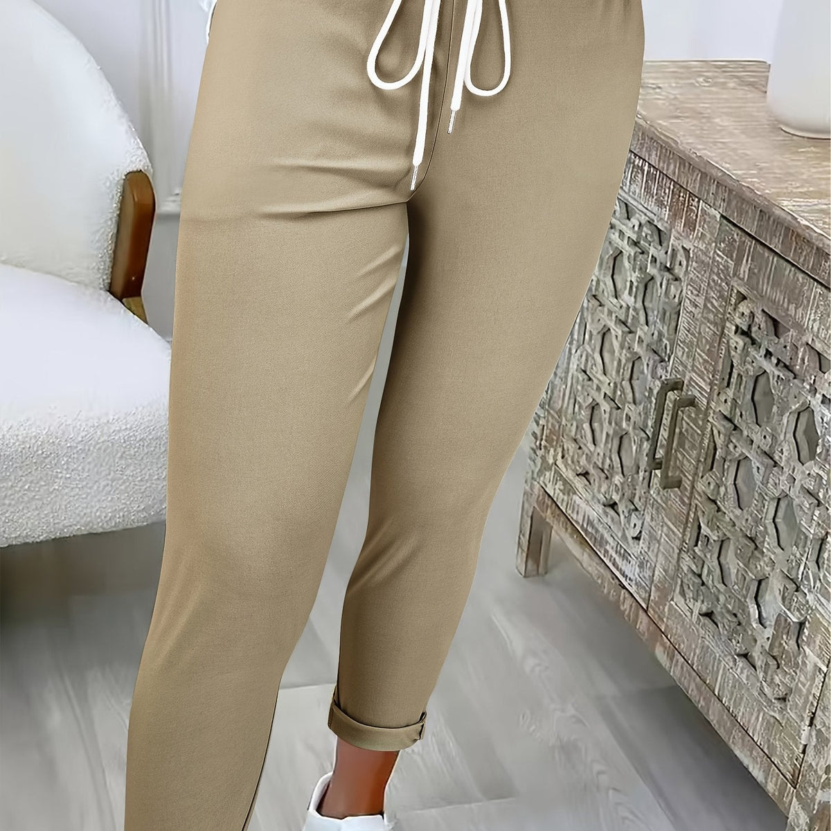 Women's Joggers with Tie Waist and Turn-Up Cuffs in Khaki